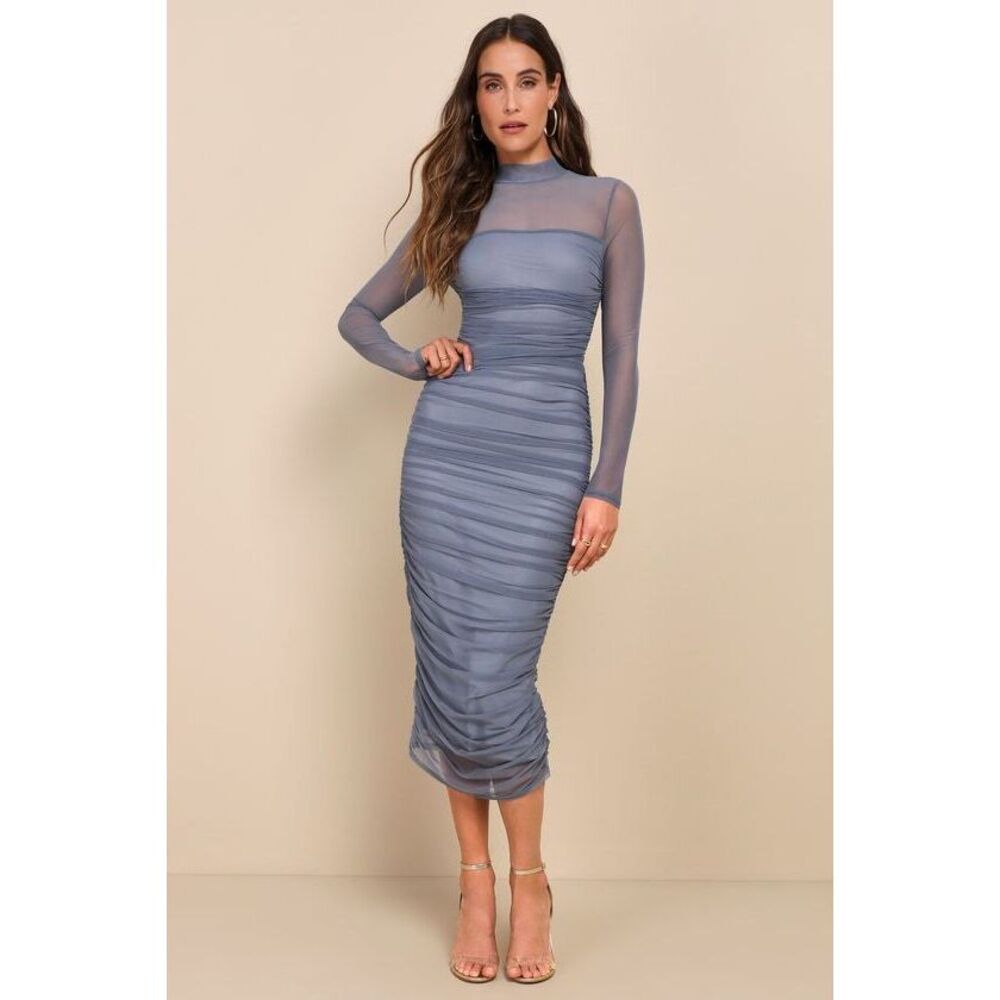 Lulus Impressive Flirt Slate Blue Mesh Ruched Mock Neck Midi Dress - Size S